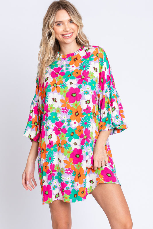 GeeGee Full Size Floral Round Neck Lantern Sleeve Mini Dress-TOPS / DRESSES-[Adult]-[Female]-Multi-S-2022 Online Blue Zone Planet