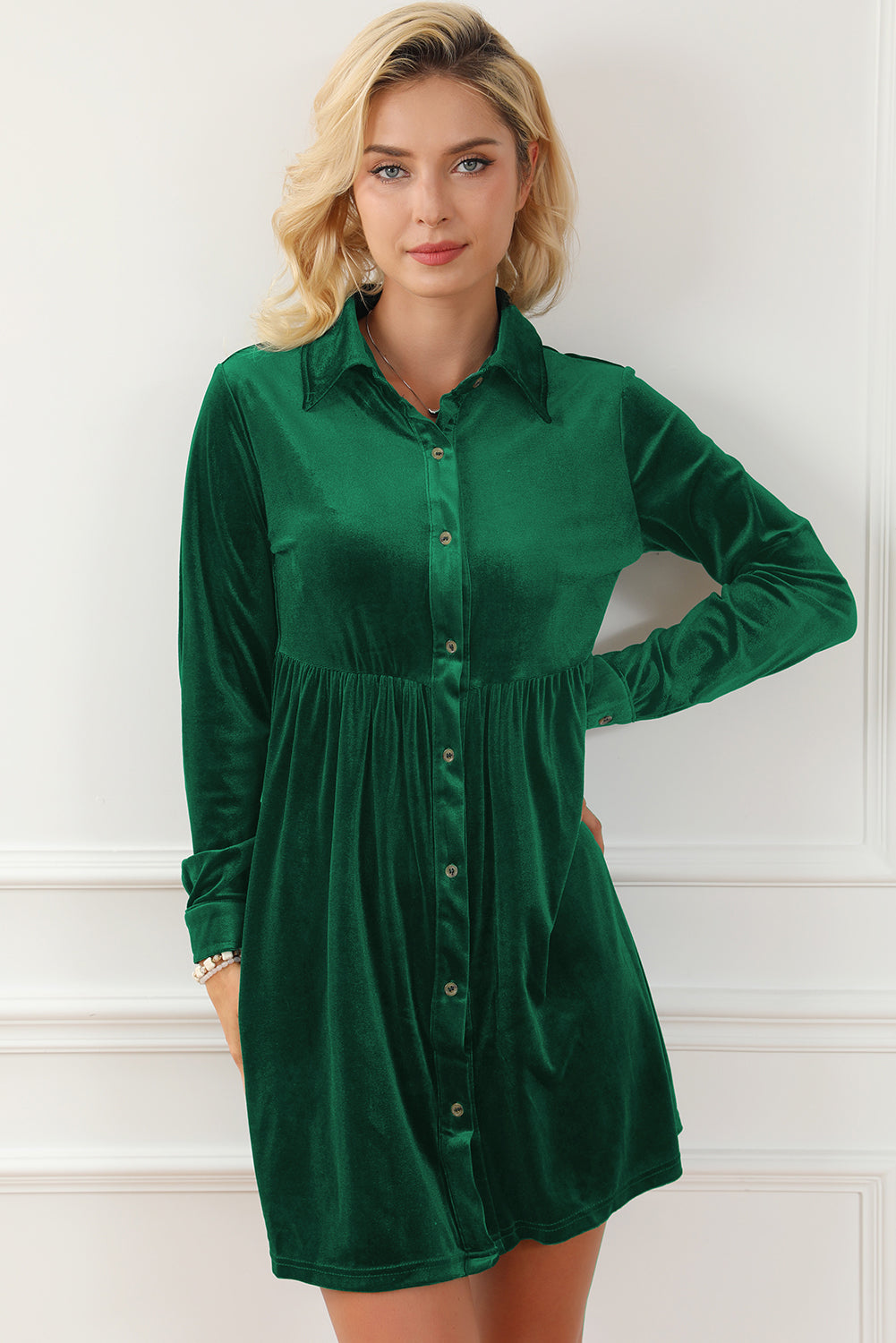 Blue Zone Planet | Green Long Sleeve Ruffle Velvet Button Up Dress-TOPS / DRESSES-[Adult]-[Female]-2022 Online Blue Zone Planet