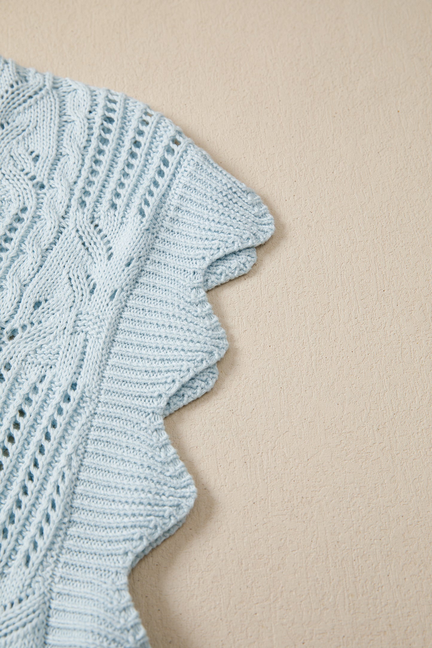 Beau Blue Pointelle Knit Patterned Scalloped Trim Short Sleeve Sweater-TOPS / DRESSES-[Adult]-[Female]-2022 Online Blue Zone Planet