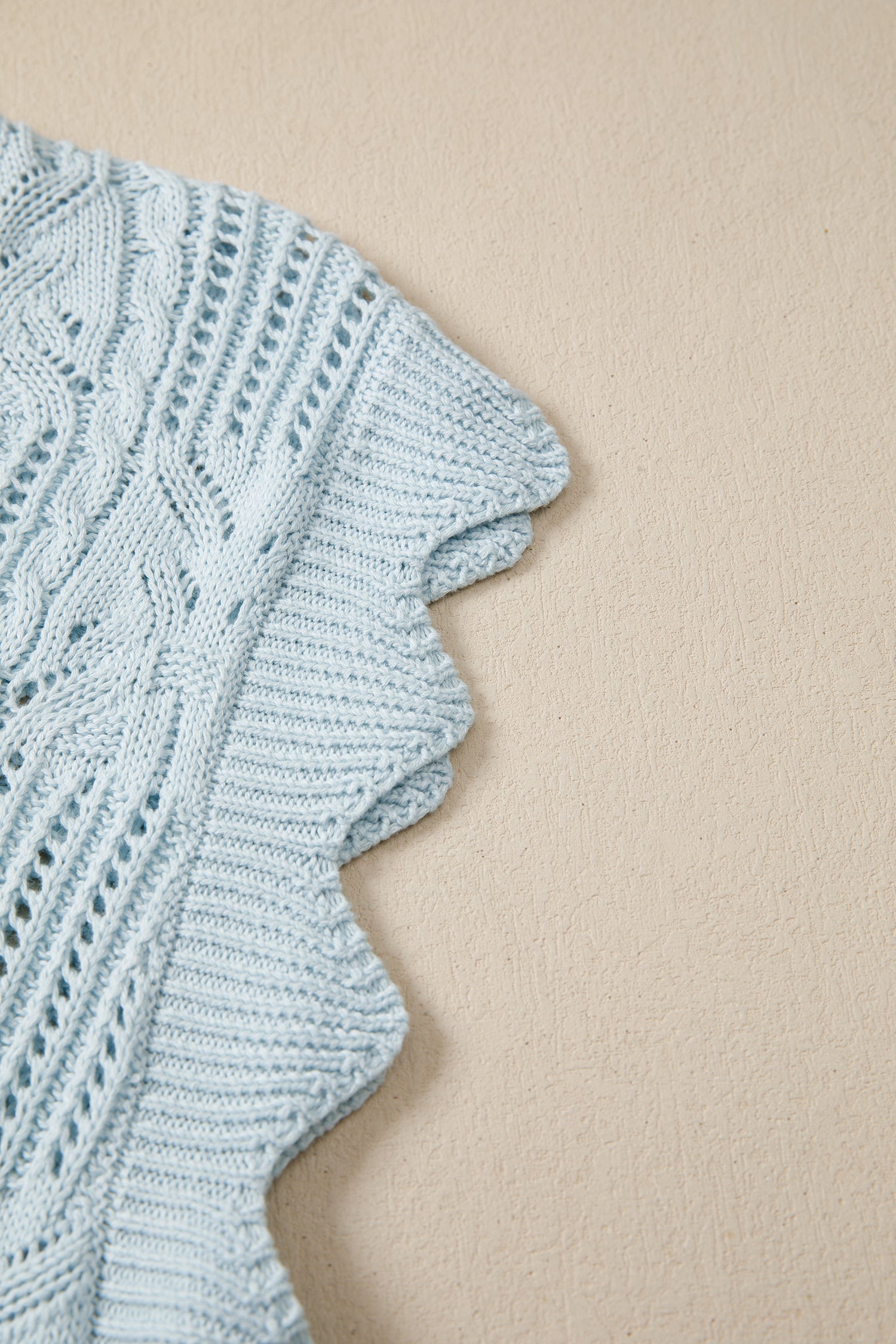 Beau Blue Pointelle Knit Patterned Scalloped Trim Short Sleeve Sweater-TOPS / DRESSES-[Adult]-[Female]-2022 Online Blue Zone Planet