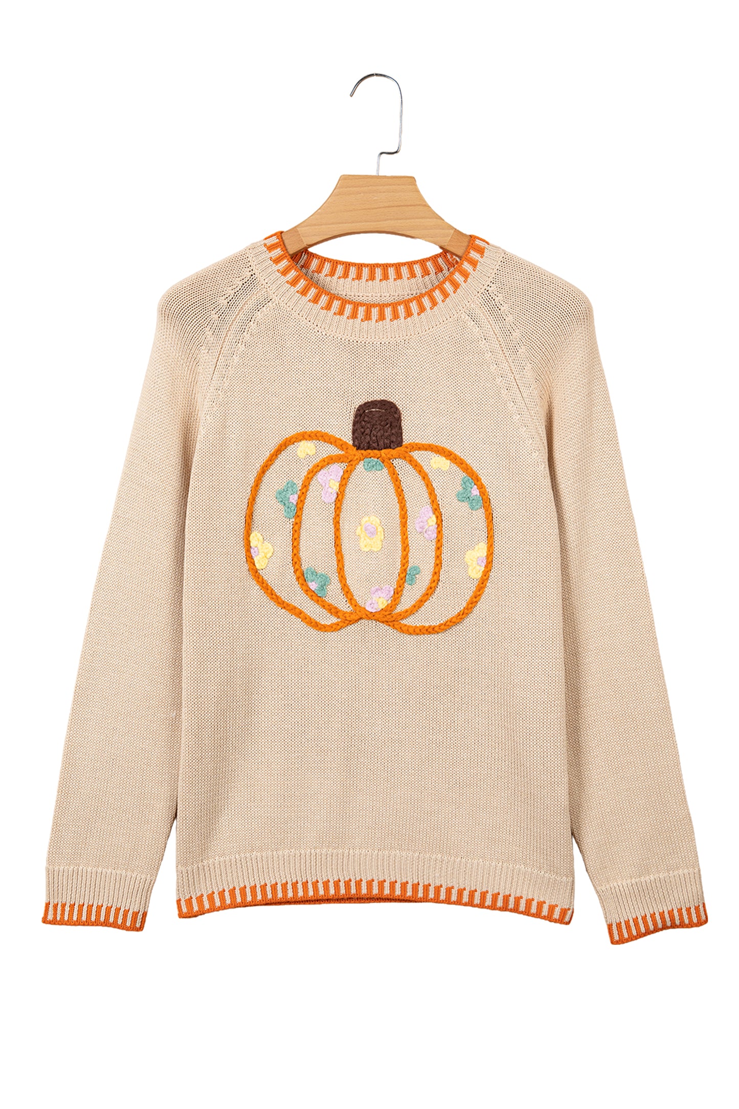 Parchment Floral Embroidery Pumpkin Long Sleeve Round Neck Sweater-Sweaters & Cardigans/Sweaters-[Adult]-[Female]-2022 Online Blue Zone Planet