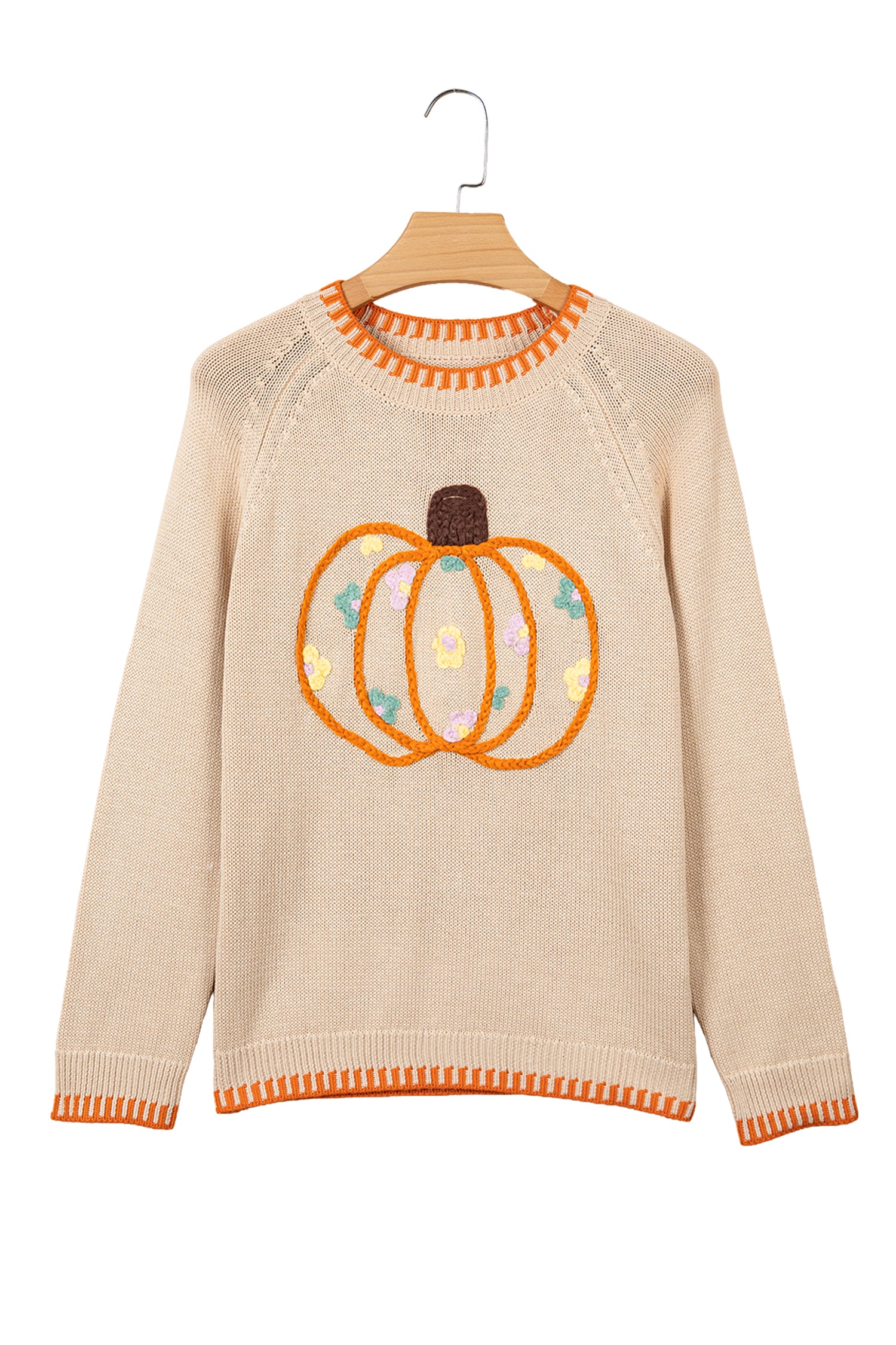 Parchment Floral Embroidery Pumpkin Long Sleeve Round Neck Sweater-Sweaters & Cardigans/Sweaters-[Adult]-[Female]-2022 Online Blue Zone Planet