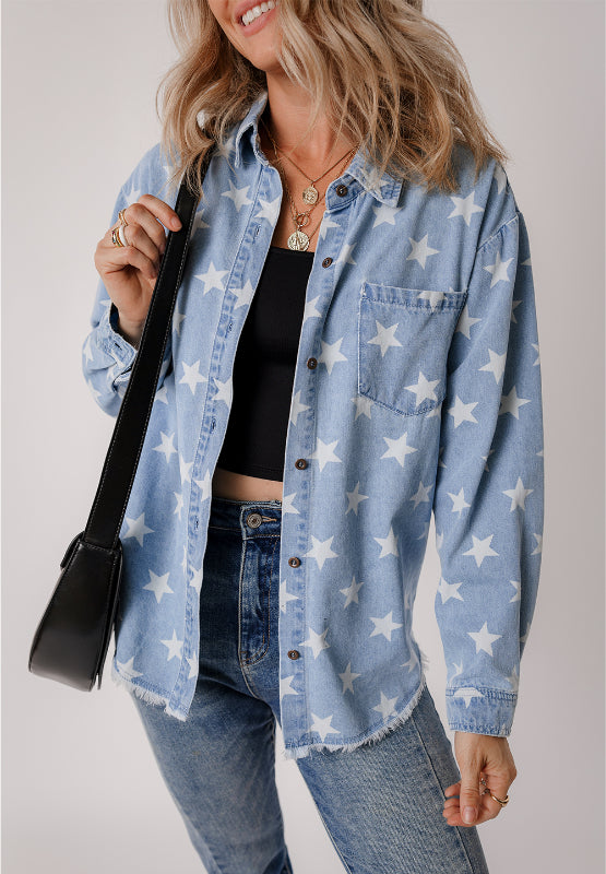 Raw Hem Star Collared Neck Denim Top-TOPS / DRESSES-[Adult]-[Female]-2022 Online Blue Zone Planet