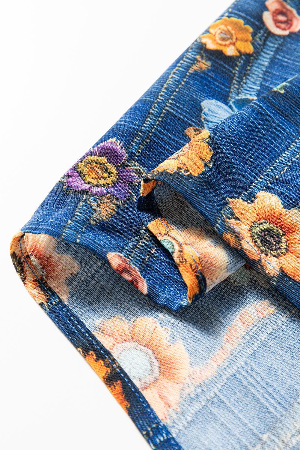 Blue Floral Collared V Neck Roll Up Sleeve Shift Blouse-Tops/Blouses & Shirts-[Adult]-[Female]-2022 Online Blue Zone Planet