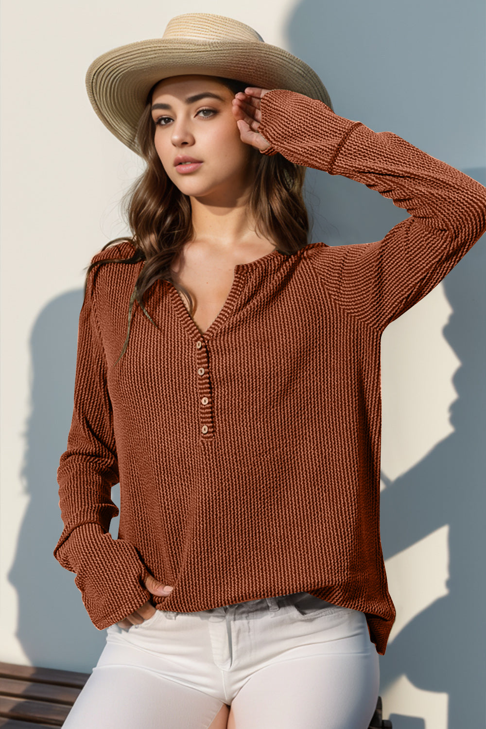 Double Take Full Size Notched Thumbhole Long Sleeve T-Shirt-TOPS / DRESSES-[Adult]-[Female]-Caramel-S-2022 Online Blue Zone Planet