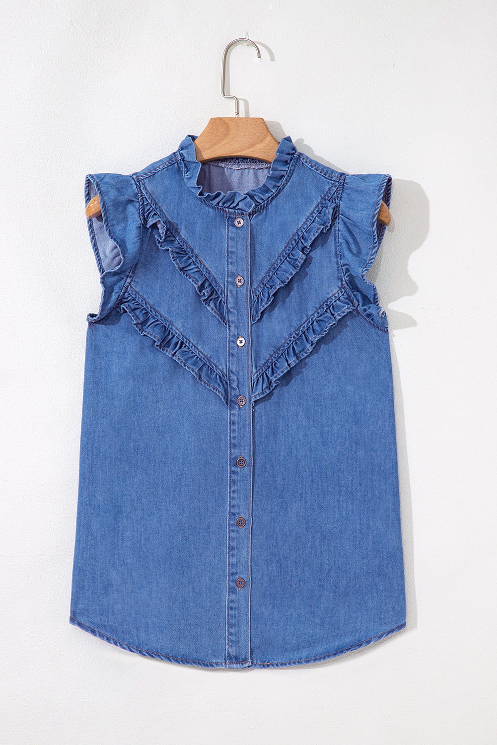 Sky Blue Mineral Wash Cap Sleeve Frilled Button Up Denim Shirt-Tops/Blouses & Shirts-[Adult]-[Female]-2022 Online Blue Zone Planet