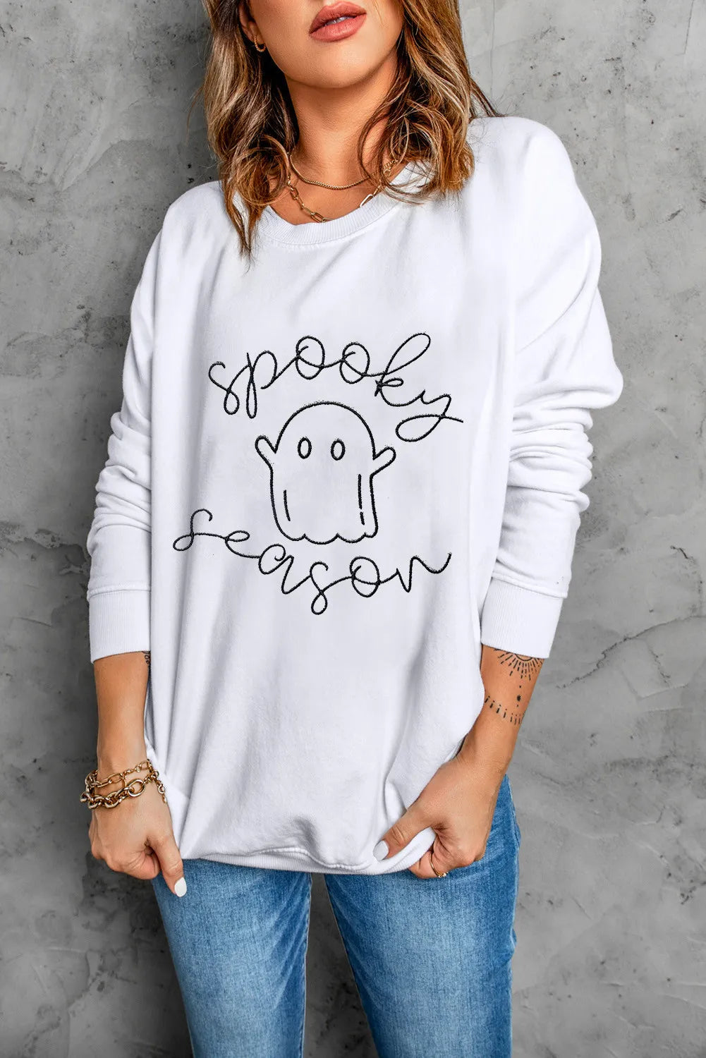 Ghost Graphic Long Sleeve Dropped Shoulder Sweatshirt-TOPS / DRESSES-[Adult]-[Female]-White-S-2022 Online Blue Zone Planet