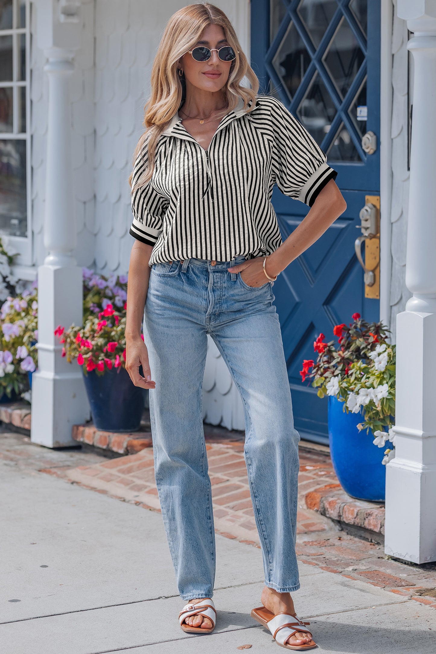 Black Stripe Polo Collar Half Zip Short Puff Sleeve Blouse-Tops/Blouses & Shirts-[Adult]-[Female]-2022 Online Blue Zone Planet