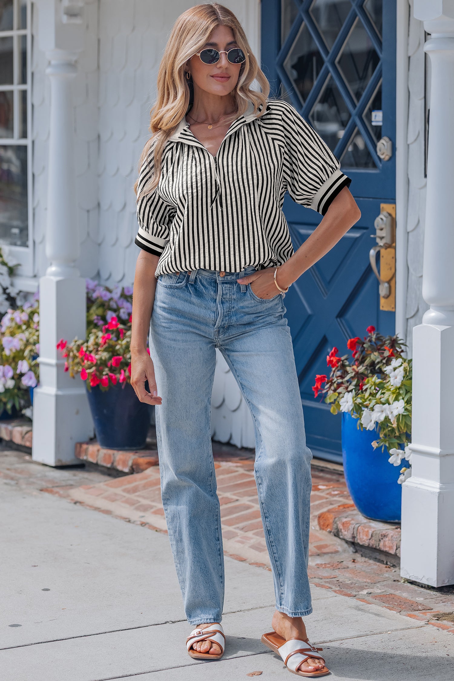 Black Stripe Polo Collar Half Zip Short Puff Sleeve Blouse-Tops/Blouses & Shirts-[Adult]-[Female]-2022 Online Blue Zone Planet