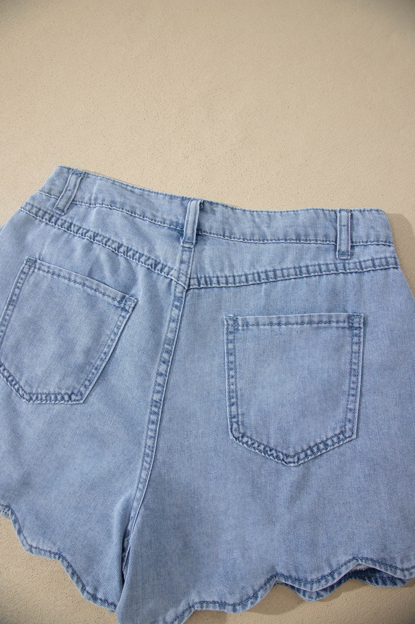 Myosotis Solid Color Scalloped Trim Casual Denim Shorts-Bottoms/Denim Shorts-[Adult]-[Female]-2022 Online Blue Zone Planet