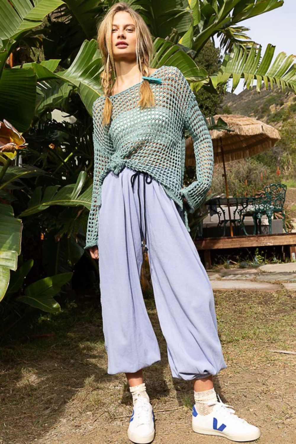 POL Side Slit Openwork Long Sleeve Knit Cover Up-TOPS / DRESSES-[Adult]-[Female]-2022 Online Blue Zone Planet