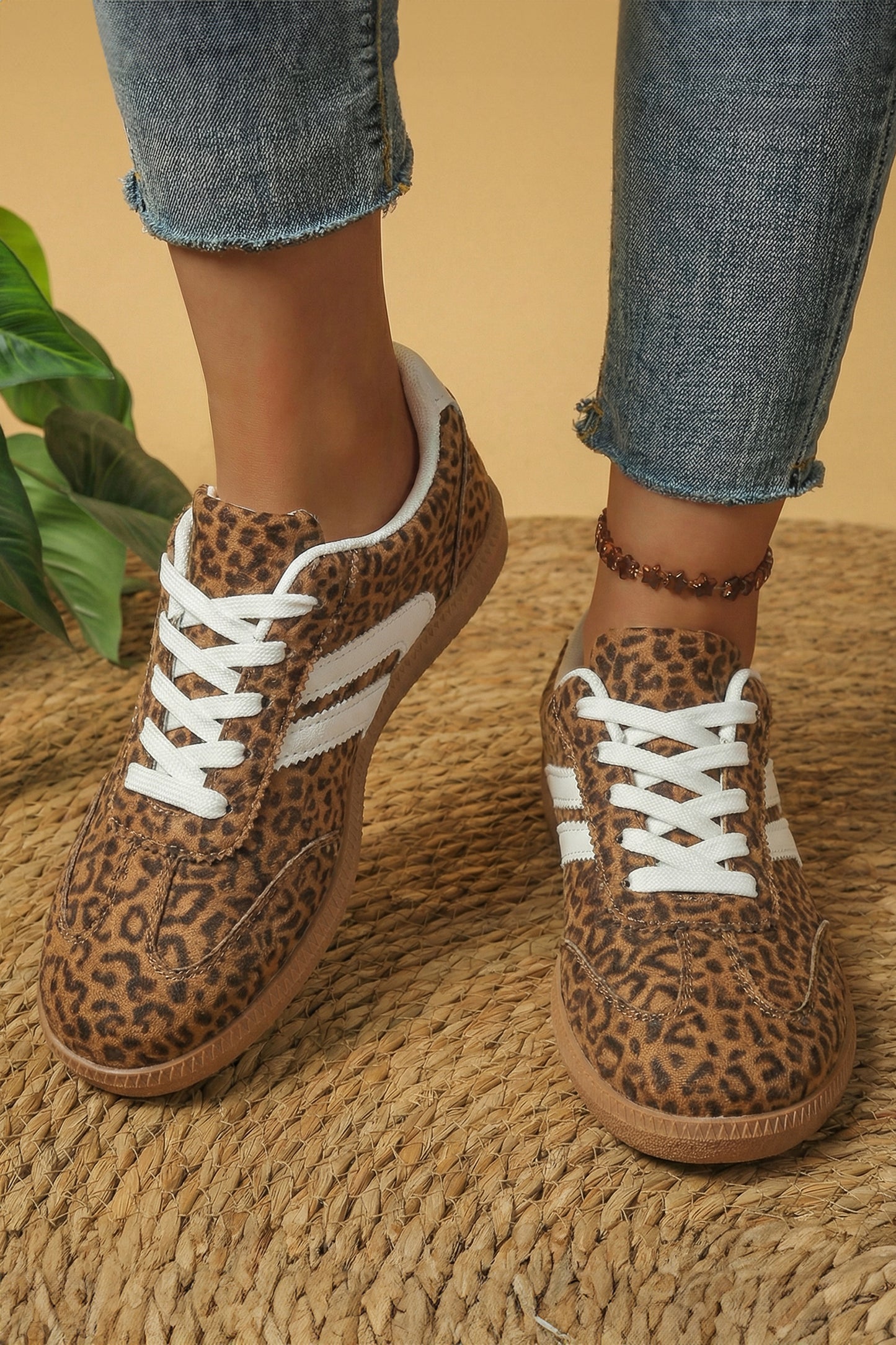 Coffee PU Leather Detail Shimmer Leopard Printed Lace-up Sneakers