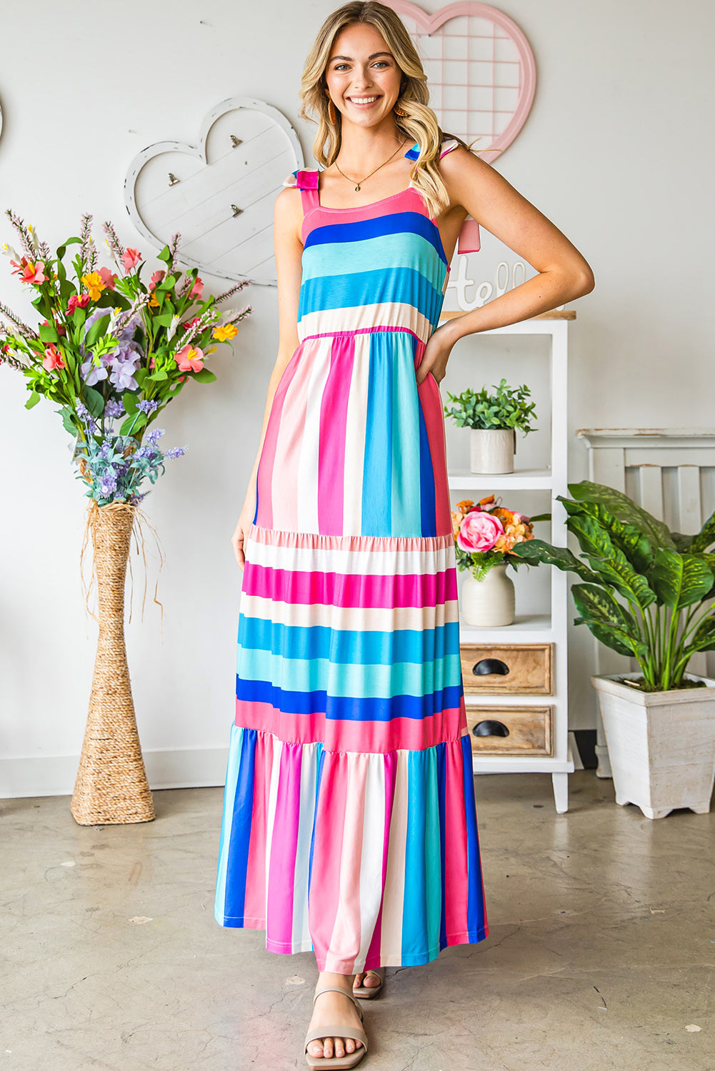 Multicolor Striped Print Bow Knot Straps Sleeveless Maxi Dress-Maxi Dresses-[Adult]-[Female]-2022 Online Blue Zone Planet