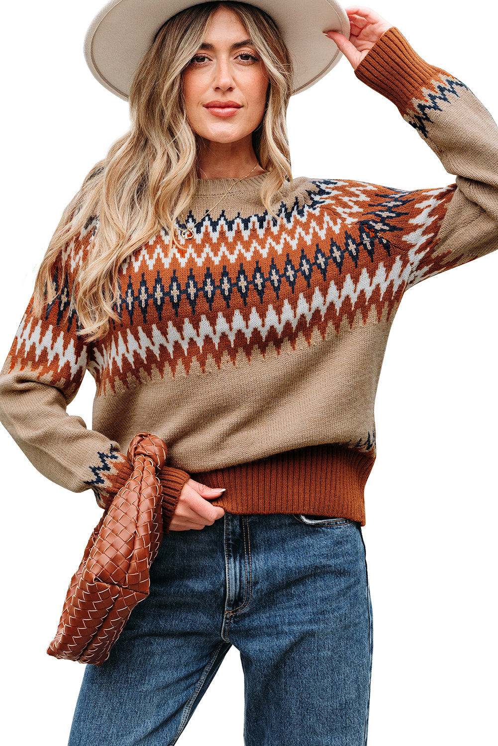 Khaki Aztec Print Colorblock Crew Neck Sweater-TOPS / DRESSES-[Adult]-[Female]-2022 Online Blue Zone Planet