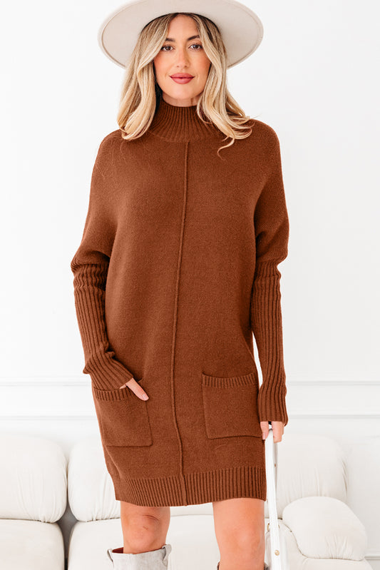 Chestnut Ribbed High Neck Front Pockets Center Seam Shift Sweater Dress-Sweaters & Cardigans/Sweater Dresses-[Adult]-[Female]-Chestnut-S-2022 Online Blue Zone Planet