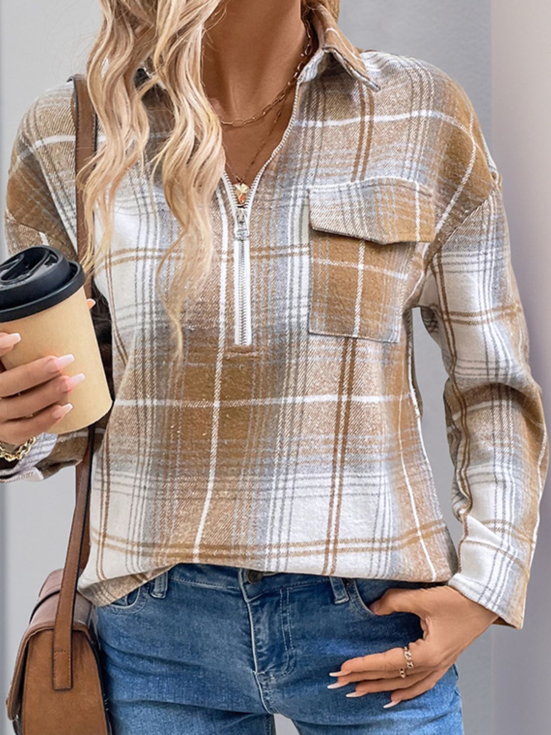 Perfee Plaid Collared Neck Half Zip Long Sleeve Top-TOPS / DRESSES-[Adult]-[Female]-2022 Online Blue Zone Planet