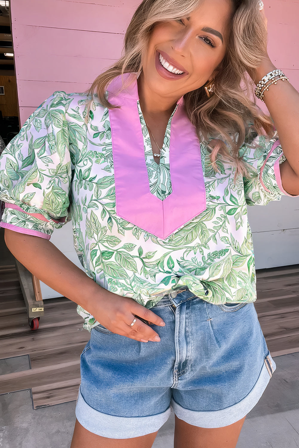 Green Leaves Pattern Color Block V Neck Puff Sleeve Blouse-Tops/Blouses & Shirts-[Adult]-[Female]-2022 Online Blue Zone Planet