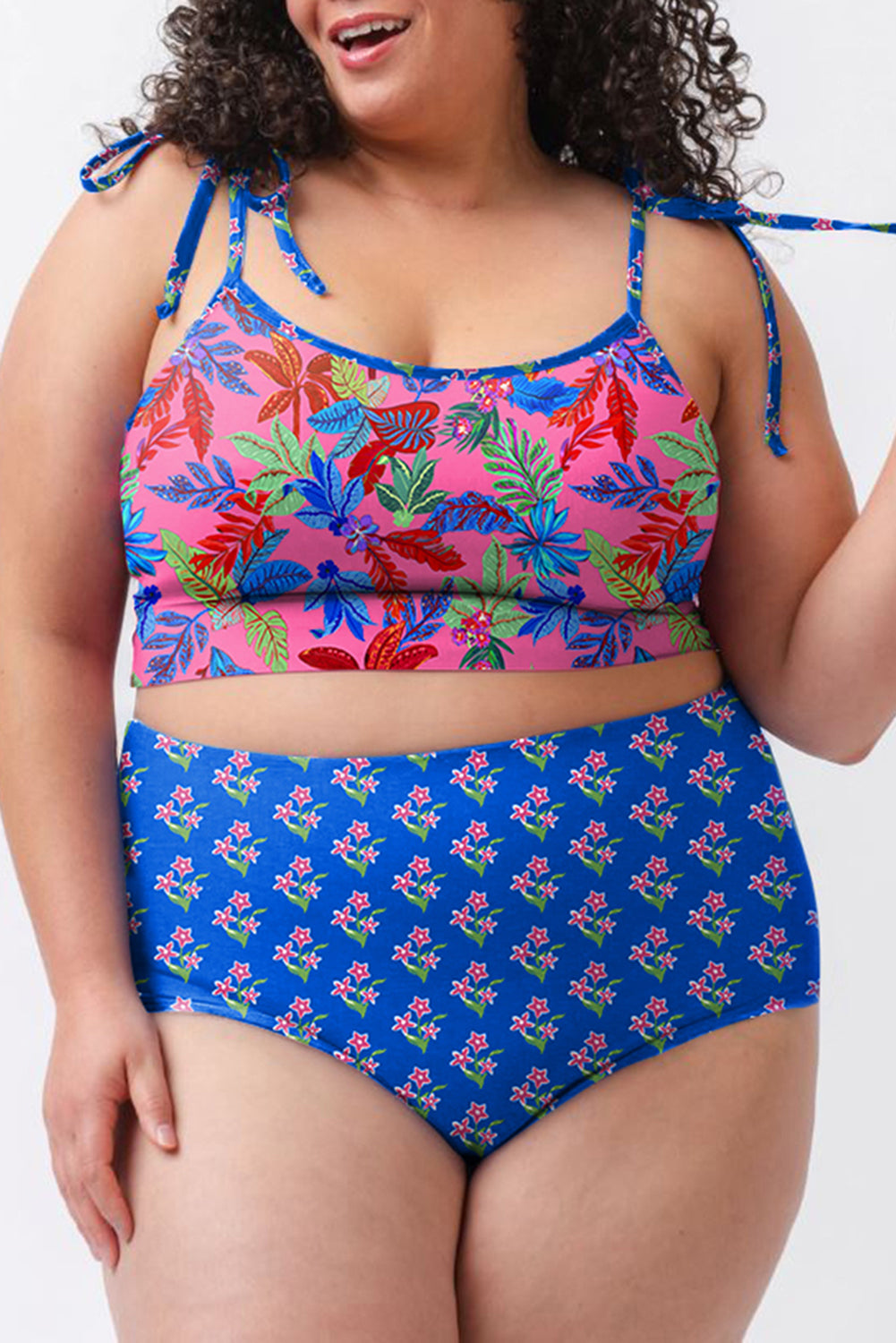 Blue Fashion Print Tied Straps Crop Vest and High Waist Plus Size Bikini-Plus Size/Plus Size Swimwear-[Adult]-[Female]-Blue-1X-2022 Online Blue Zone Planet