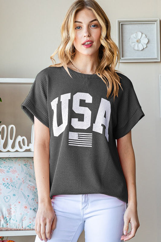 Heimish Full Size USA Graphic Short Sleeve Ribbed Top-TOPS / DRESSES-[Adult]-[Female]-Charcoal-S-2022 Online Blue Zone Planet