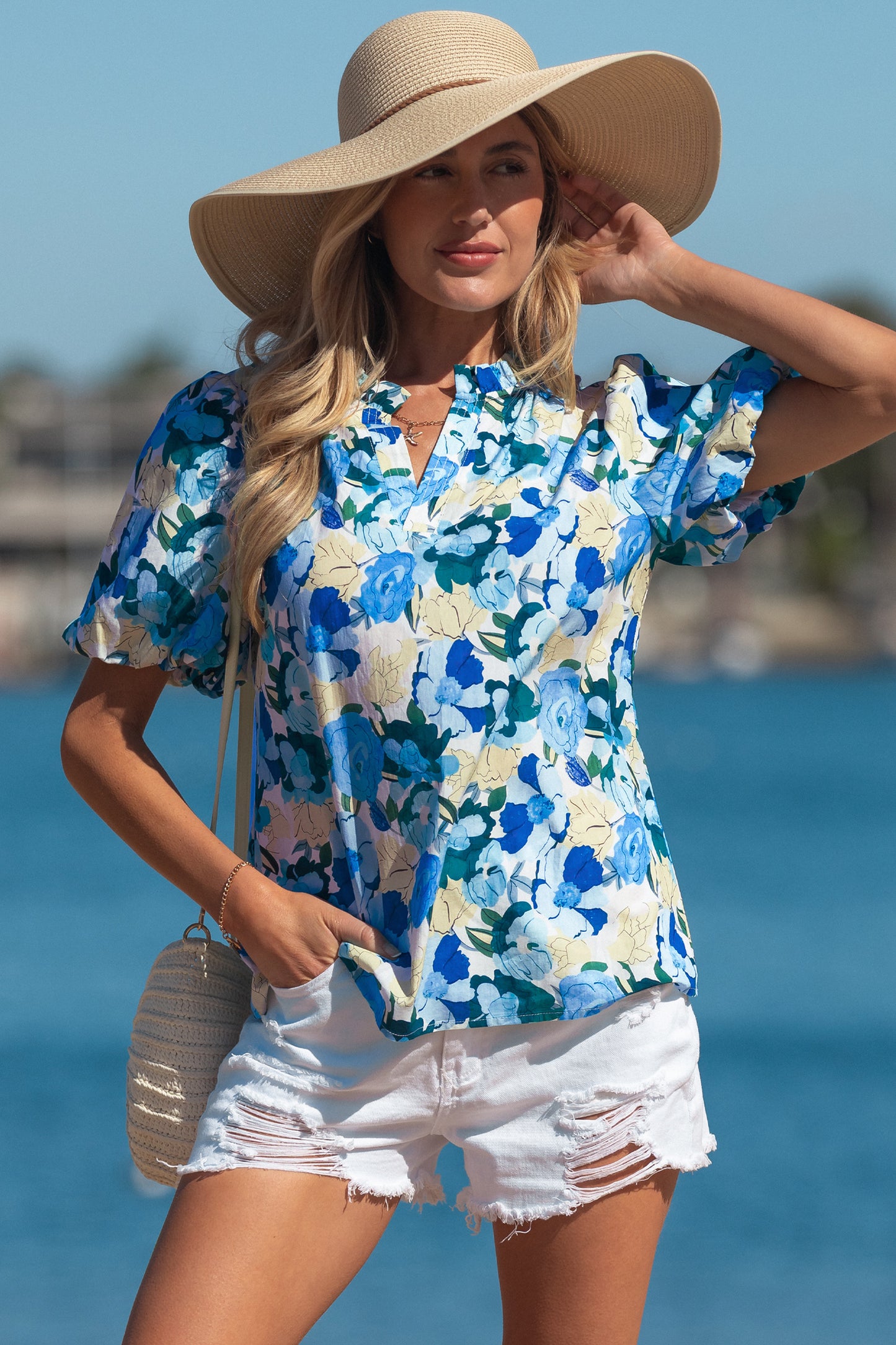 Sky Blue Floral Print Short Puff Sleeve V Neck Blouse-Tops/Blouses & Shirts-[Adult]-[Female]-2022 Online Blue Zone Planet