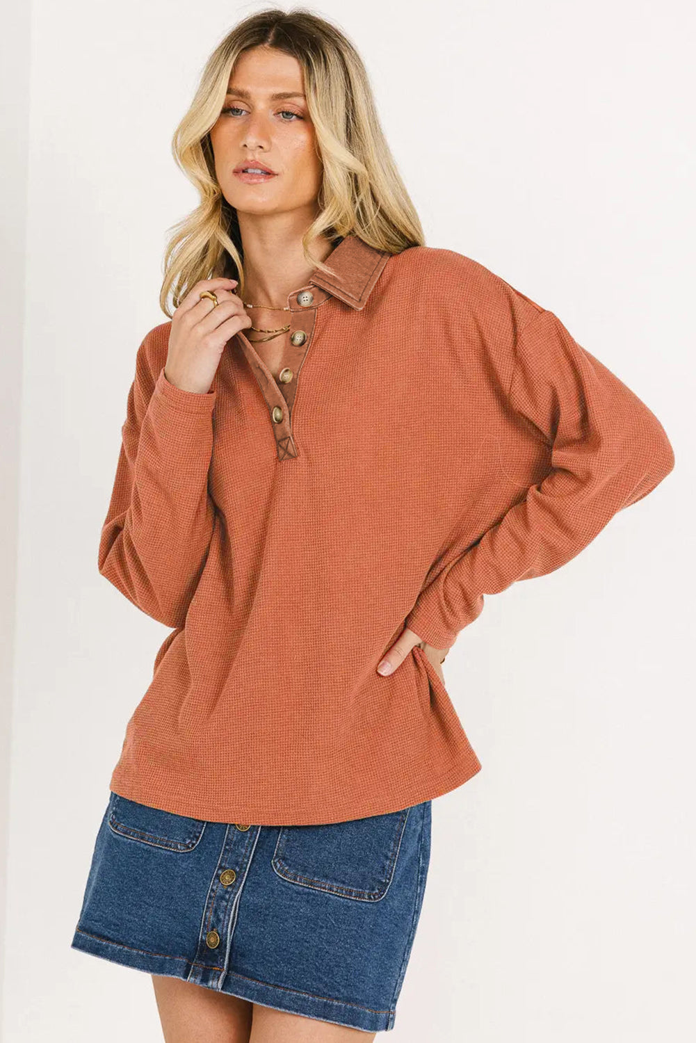 Red Dahlia Solid Color Long Sleeve Thermal Knit Polo Collar Patchwork Top-Tops/Long Sleeve Tops-[Adult]-[Female]-2022 Online Blue Zone Planet