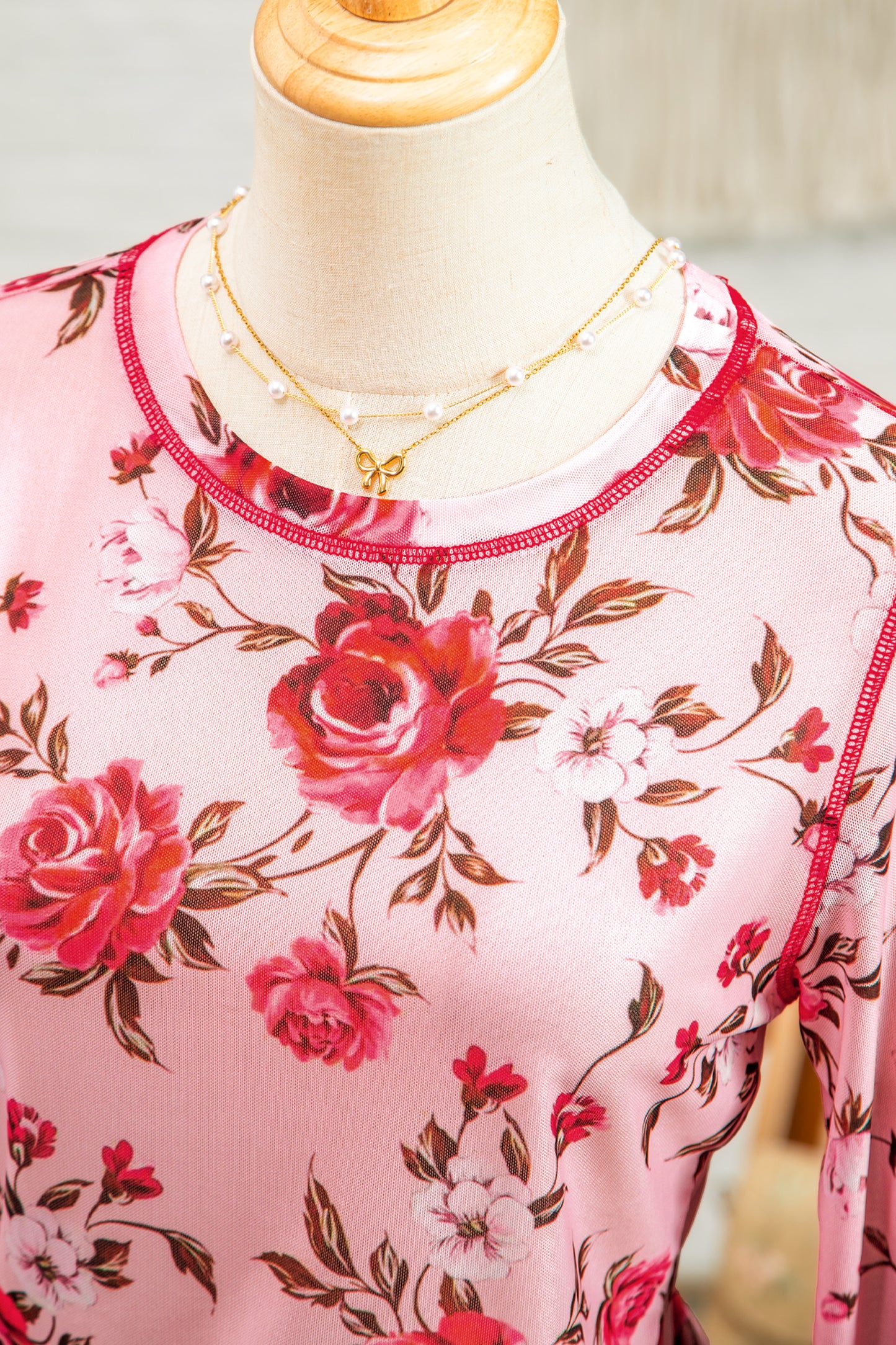 Pink Floral Print Exposed Seam Detail Mesh Long Sleeve Top-Tops/Long Sleeve Tops-[Adult]-[Female]-2022 Online Blue Zone Planet