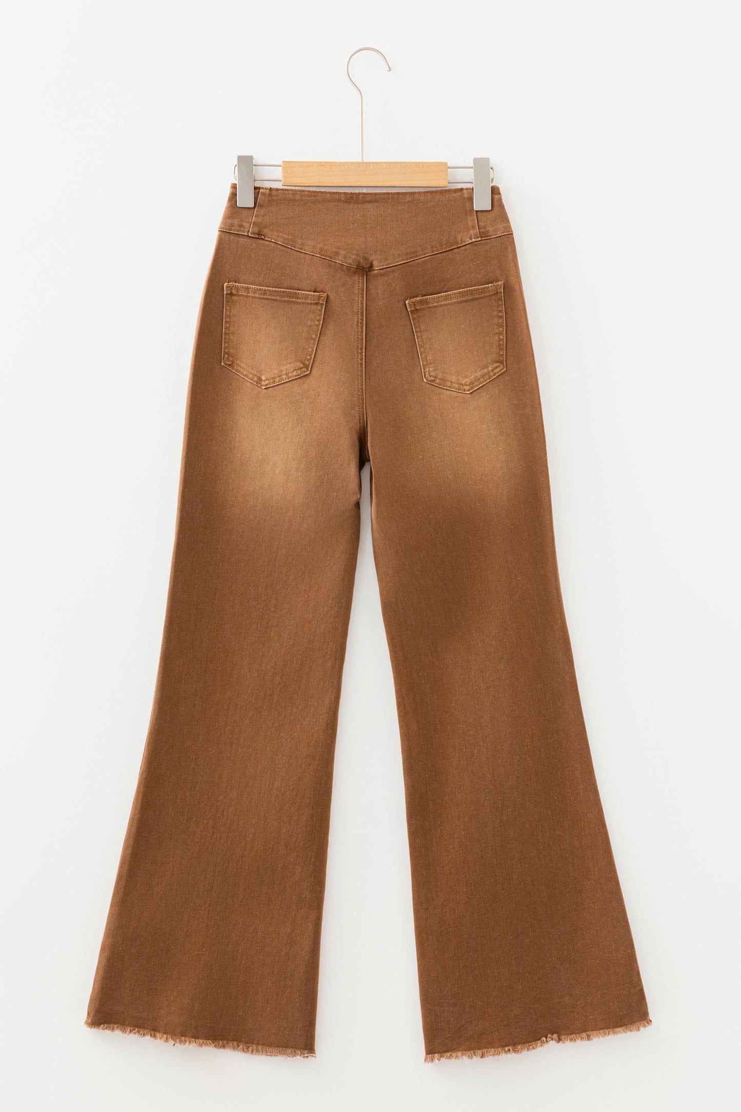 Coffee High Waist Button Fly Seamed Raw Hem Flare Jeans-Bottoms/Jeans-[Adult]-[Female]-2022 Online Blue Zone Planet