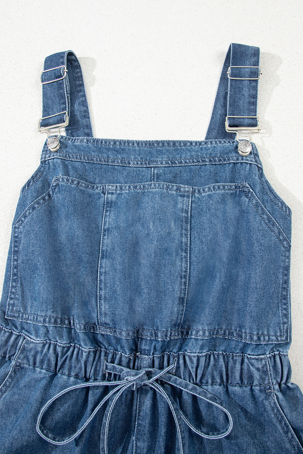 Sky Blue Buckle Straps Bib Style Drawstring Tied Backless Flared Denim Romper-Bottoms/Jumpsuits & Rompers-[Adult]-[Female]-2022 Online Blue Zone Planet
