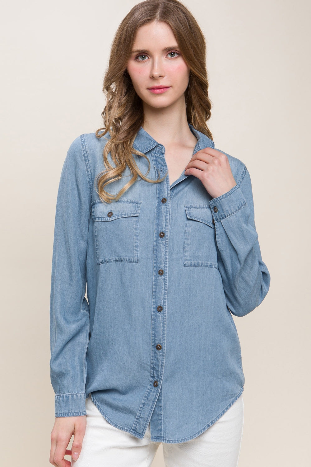 Blue Zone Planet | Love Tree Scooped Hem Button Up Denim Shirt-TOPS / DRESSES-[Adult]-[Female]-Blue-S-2022 Online Blue Zone Planet