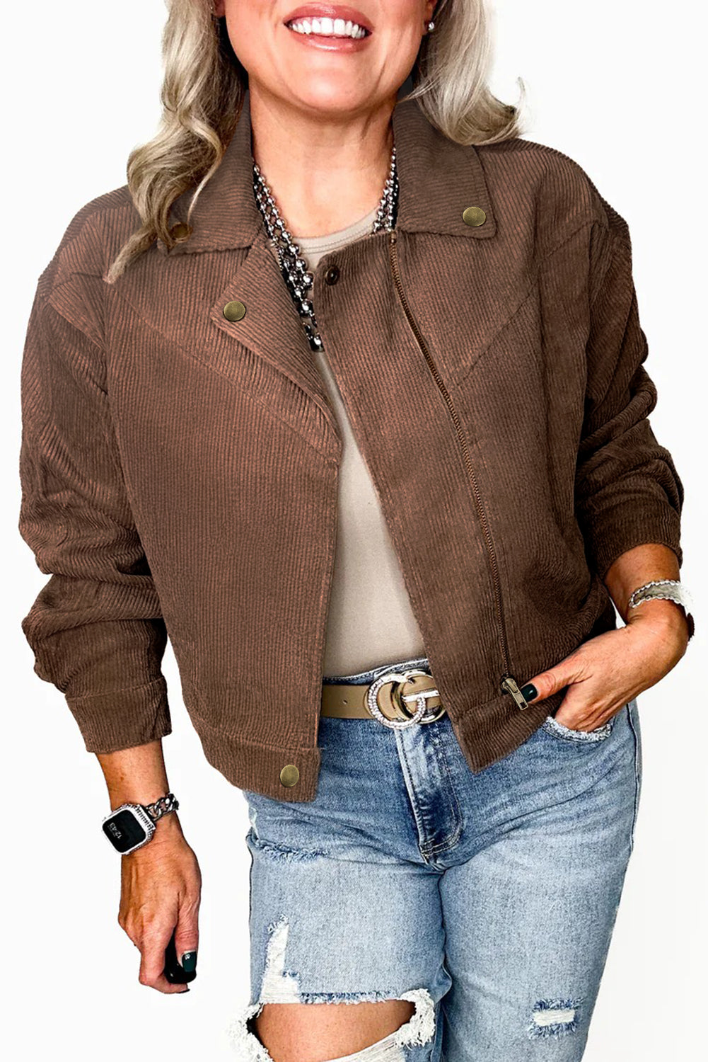 Dark Khaki Button Zip Up Lapel Collar Corduroy Jacket-Outerwear/Jackets-[Adult]-[Female]-2022 Online Blue Zone Planet