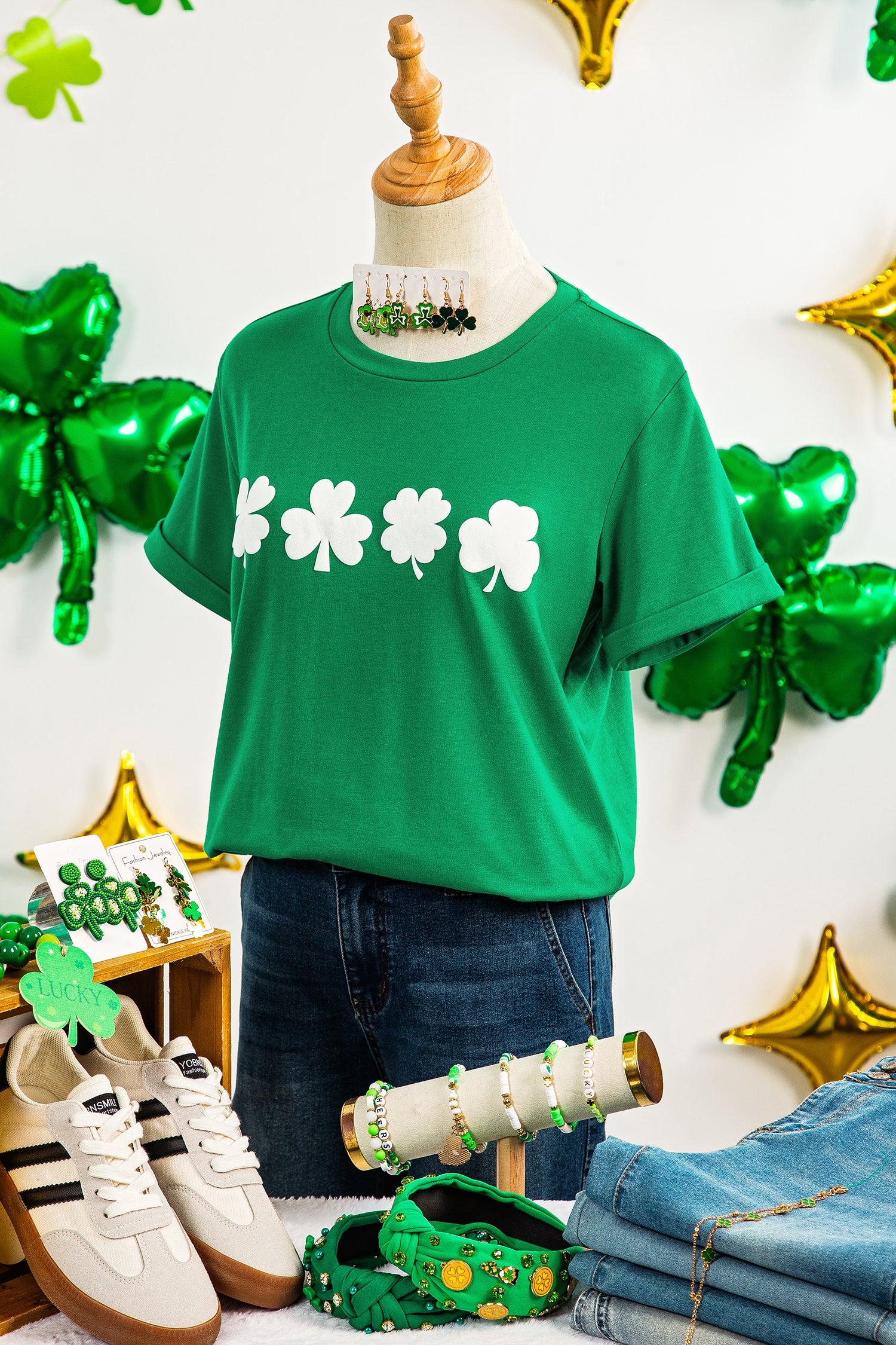 Bright Green St Patricks Day Clover Printed Casual T Shirt-Graphic/Graphic Tees-[Adult]-[Female]-2022 Online Blue Zone Planet