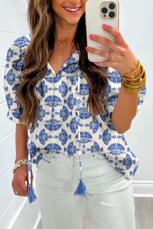 Sky Blue Geometric Print Tassel Drawstring V Neck Blouse-Tops/Blouses & Shirts-[Adult]-[Female]-Sky Blue-S-2022 Online Blue Zone Planet