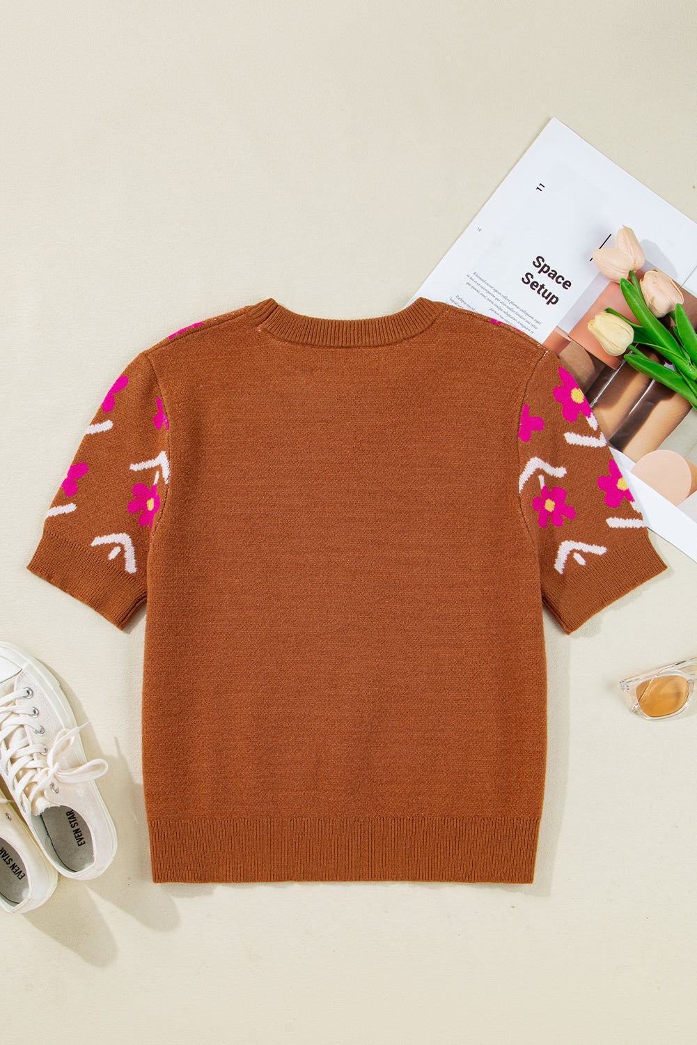 Brown Floral Short Puff Sleeve Sweater-TOPS / DRESSES-[Adult]-[Female]-2022 Online Blue Zone Planet