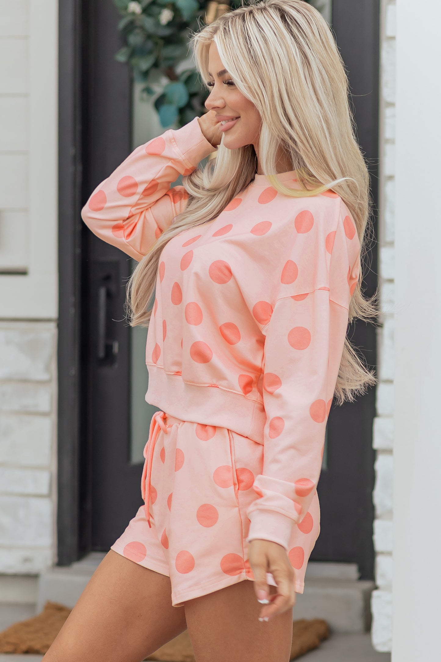 Sky Blue Polka Dot Print Drop Shoulder Pullover Drawstring Shorts Set-Two Piece Sets/Short Sets-[Adult]-[Female]-2022 Online Blue Zone Planet