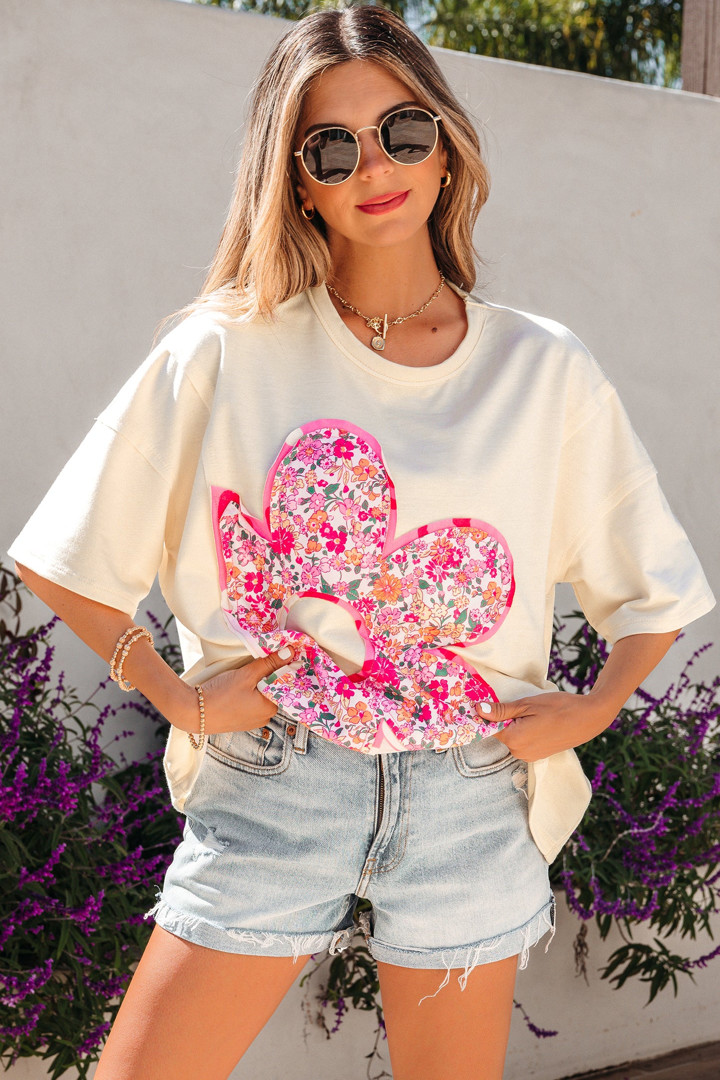 Jet Stream Floral Patched Raw Seam Big Flower Oversize Tee-Tops/Tops & Tees-[Adult]-[Female]-2022 Online Blue Zone Planet