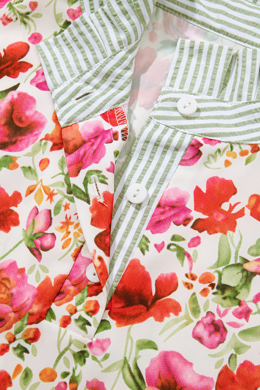 Red Floral Print Striped Patchwork Collared Short Sleeve Blouse-Tops/Blouses & Shirts-[Adult]-[Female]-2022 Online Blue Zone Planet