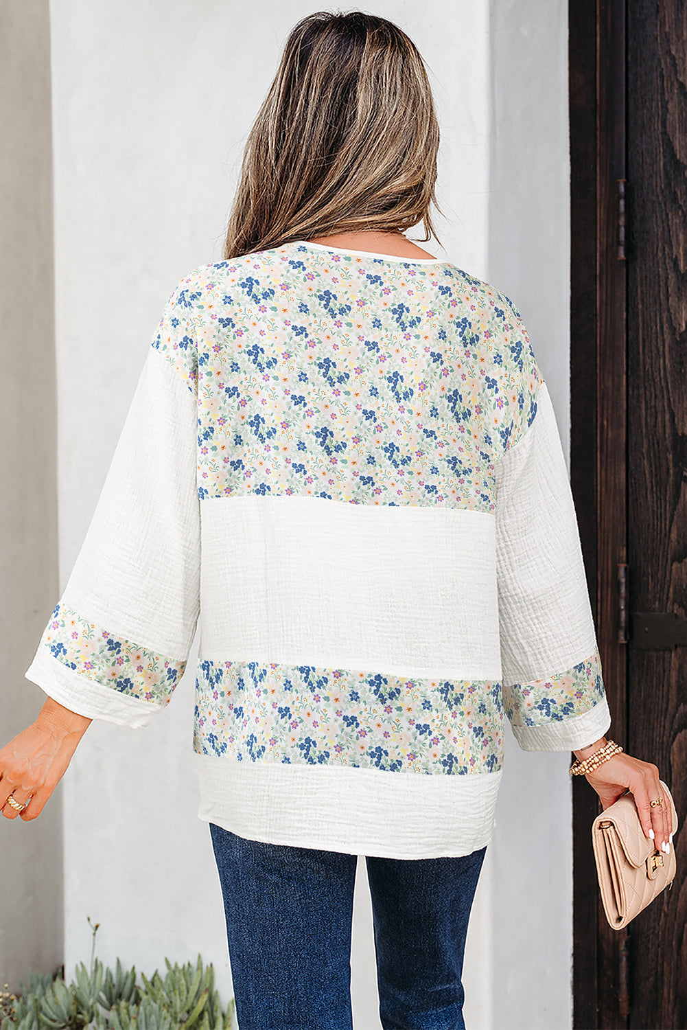 Sky Blue Floral Print Gauze Patchwork Henley Button 3/4 Sleeve Blouse-Tops/Blouses & Shirts-[Adult]-[Female]-2022 Online Blue Zone Planet