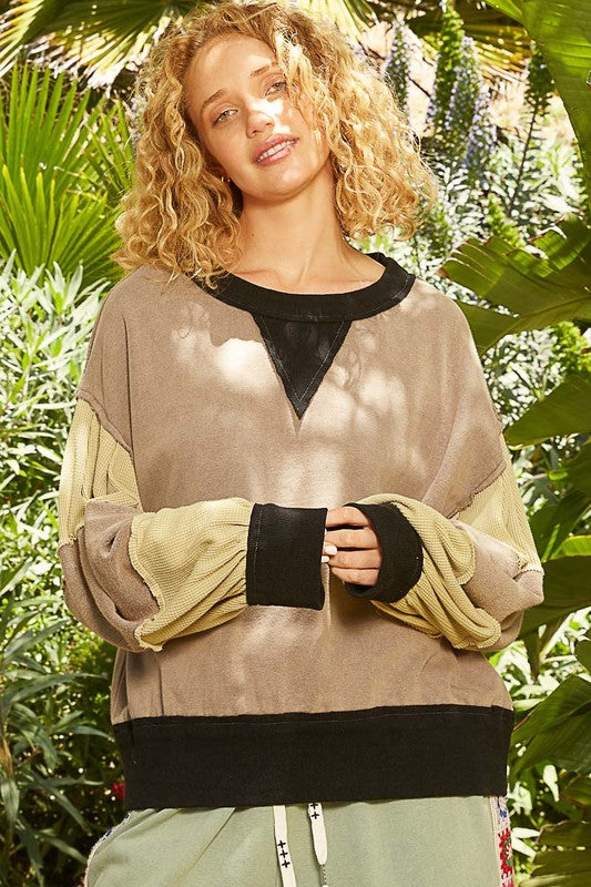 Blue Zone Planet | POL Waffle-Knit Detail Color Block Round Neck Sweatshirt-TOPS / DRESSES-[Adult]-[Female]-Mocha-S-2022 Online Blue Zone Planet