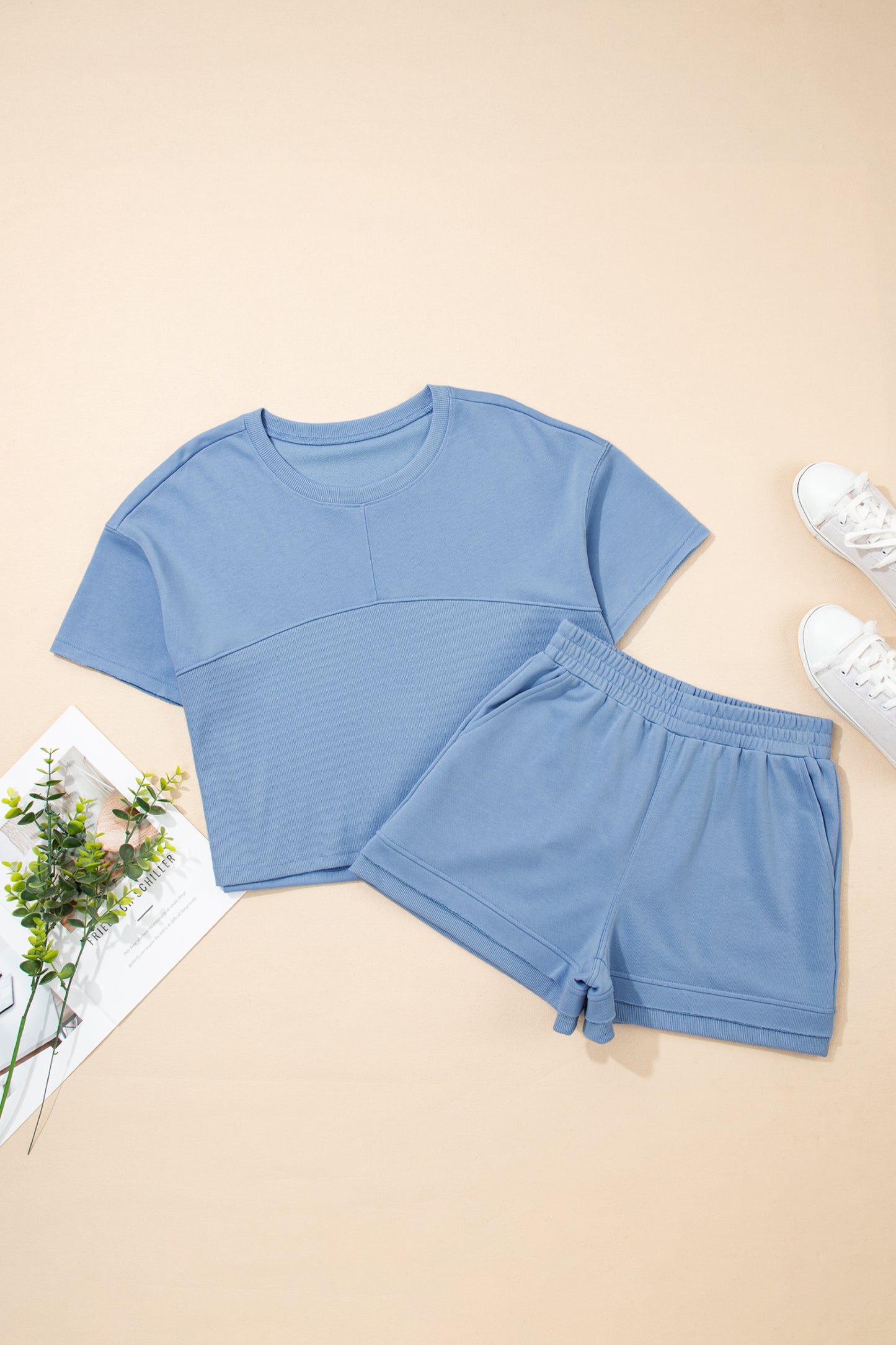 Sky Blue Solid Color Contrast Textured Patchwork Raw Edge 2pcs Short Set-Two Piece Sets/Short Sets-[Adult]-[Female]-2022 Online Blue Zone Planet