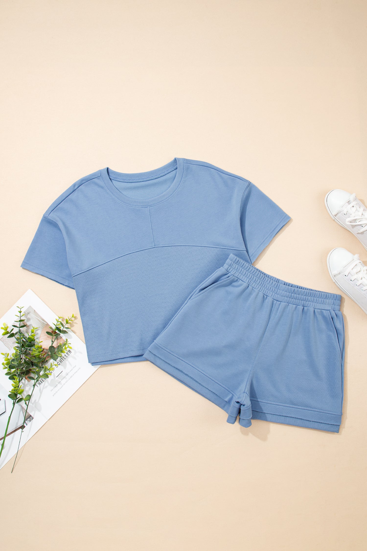 Sky Blue Solid Color Contrast Textured Patchwork Raw Edge 2pcs Short Set-Two Piece Sets/Short Sets-[Adult]-[Female]-2022 Online Blue Zone Planet