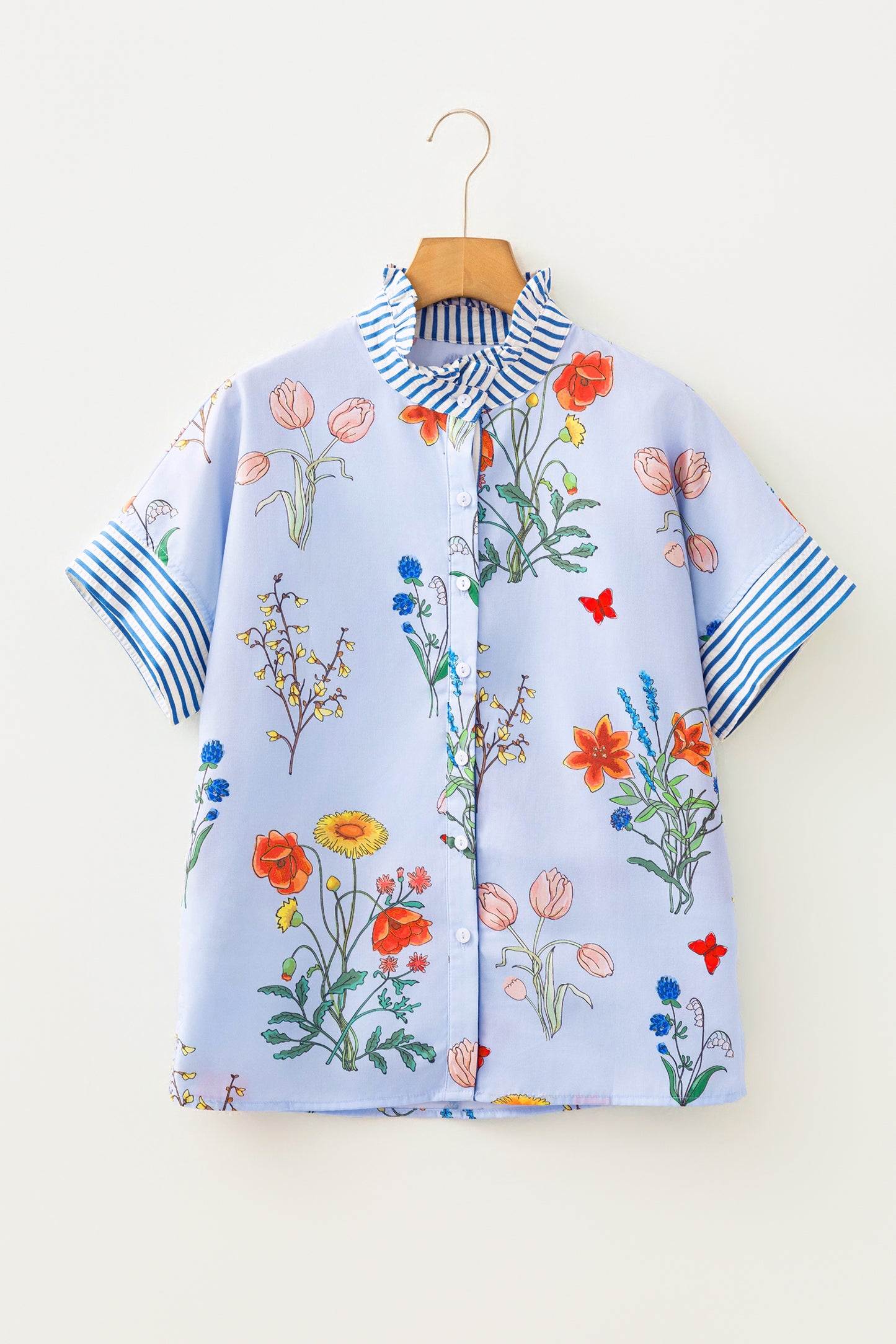 Beige Floral Striped Patchwork Ruffled Collar Short Sleeve Shirt-Tops/Blouses & Shirts-[Adult]-[Female]-2022 Online Blue Zone Planet