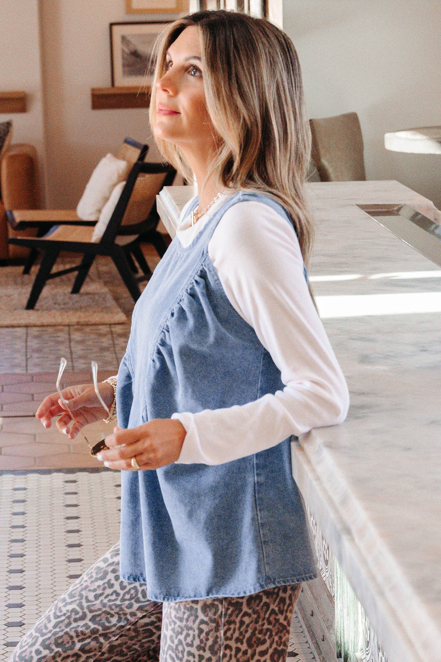 Myosotis Denim Pleated Patchwork Sleeveless Top-Tops/Tank Tops-[Adult]-[Female]-2022 Online Blue Zone Planet
