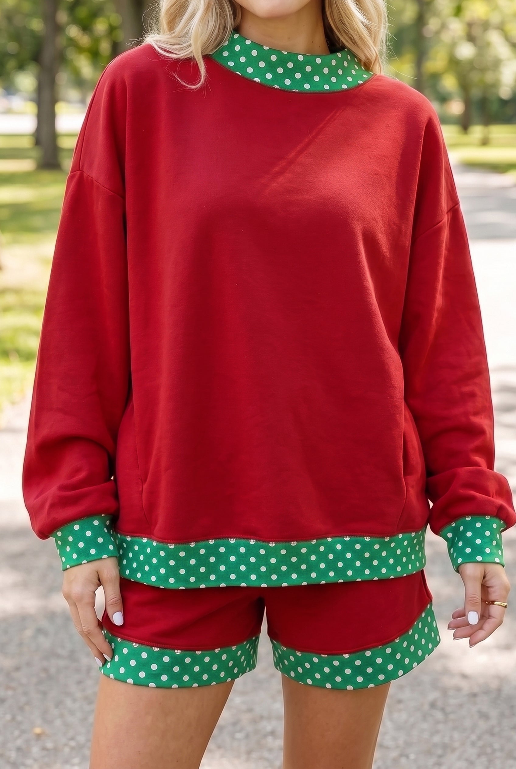 Fiery Red Gingham Trim Baggy Pullover 2pcs Short Set-Two Piece Sets/Short Sets-[Adult]-[Female]-2022 Online Blue Zone Planet