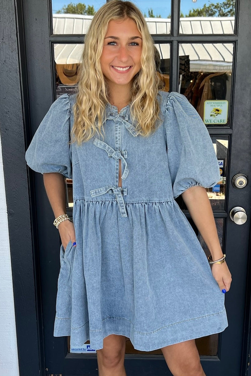 Dusk Blue Bowknot Bubble Sleeve Short Denim Dress-TOPS / DRESSES-[Adult]-[Female]-2022 Online Blue Zone Planet