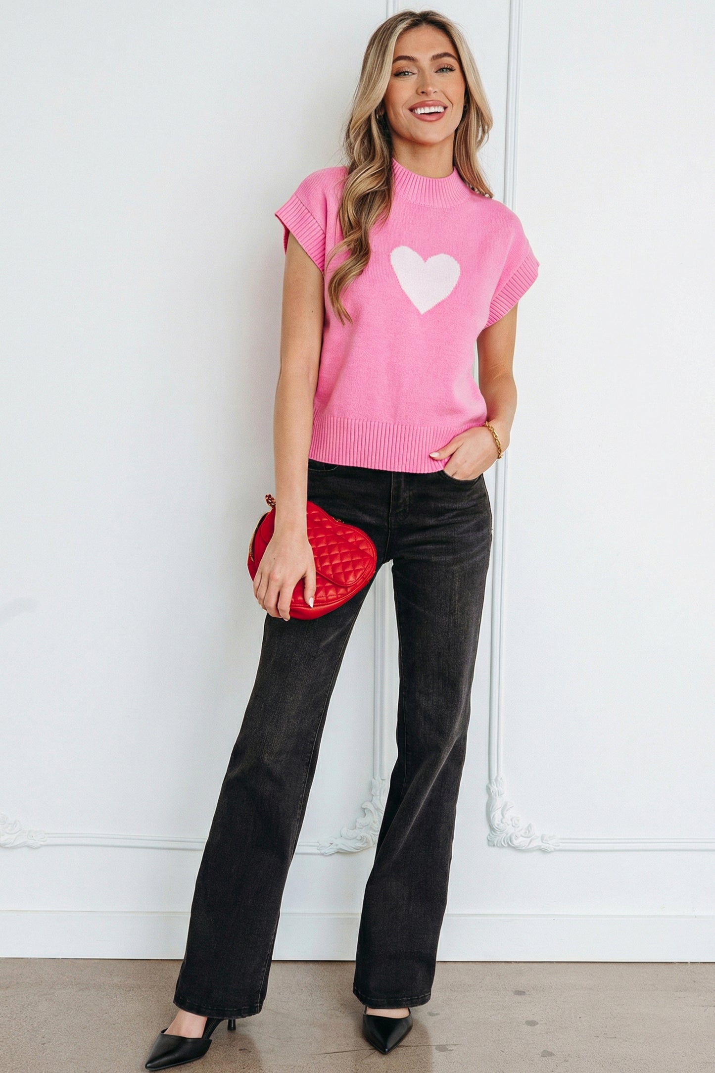 Pink Valentine Heart Graphic Cropped Short Sleeve Sweater-TOPS / DRESSES-[Adult]-[Female]-2022 Online Blue Zone Planet