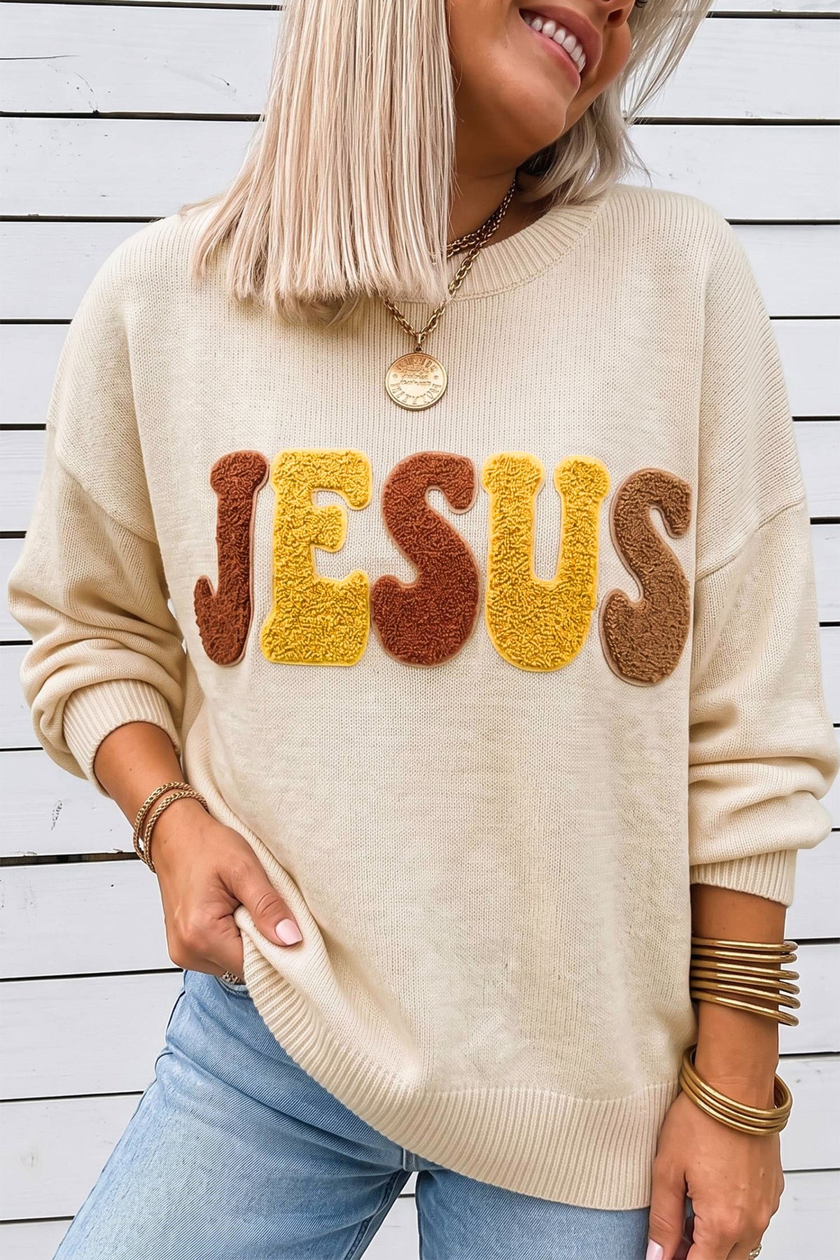 Oatmeal JESUS Plush Letter Graphic Crew Neck Casual Sweater-Sweaters & Cardigans/Sweaters-[Adult]-[Female]-Oatmeal-S-2022 Online Blue Zone Planet