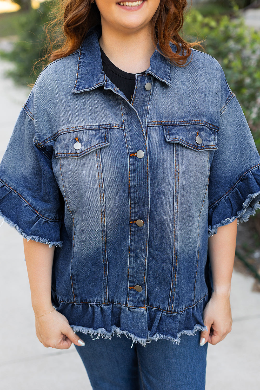 Blue Zone Planet | Peacock Blue Ruffled Frayed Short Sleeve Plus Size Denim Jacket-Plus Size/Plus Size Outerwear-[Adult]-[Female]-2022 Online Blue Zone Planet