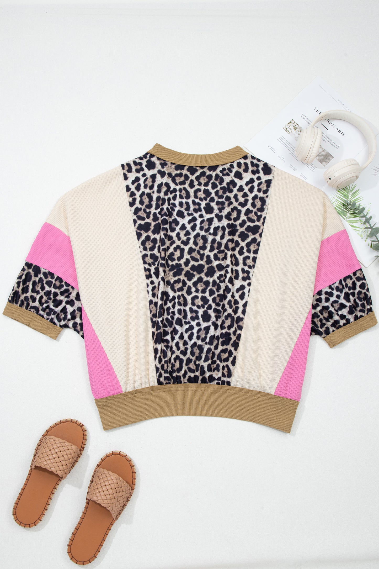 Brown Leopard Print Color Block Patchwork 3/4 Sleeve Loose Top-Tops/Long Sleeve Tops-[Adult]-[Female]-2022 Online Blue Zone Planet