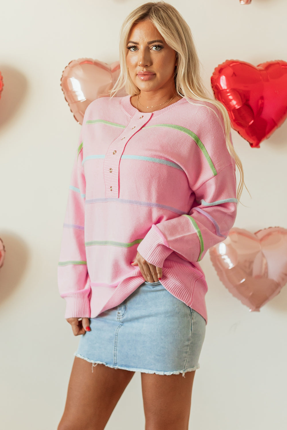 Blue Zone Planet | White Rainbow Stripes Drop Shoulder Baggy Henley Sweater-Sweaters & Cardigans/Sweaters-[Adult]-[Female]-2022 Online Blue Zone Planet