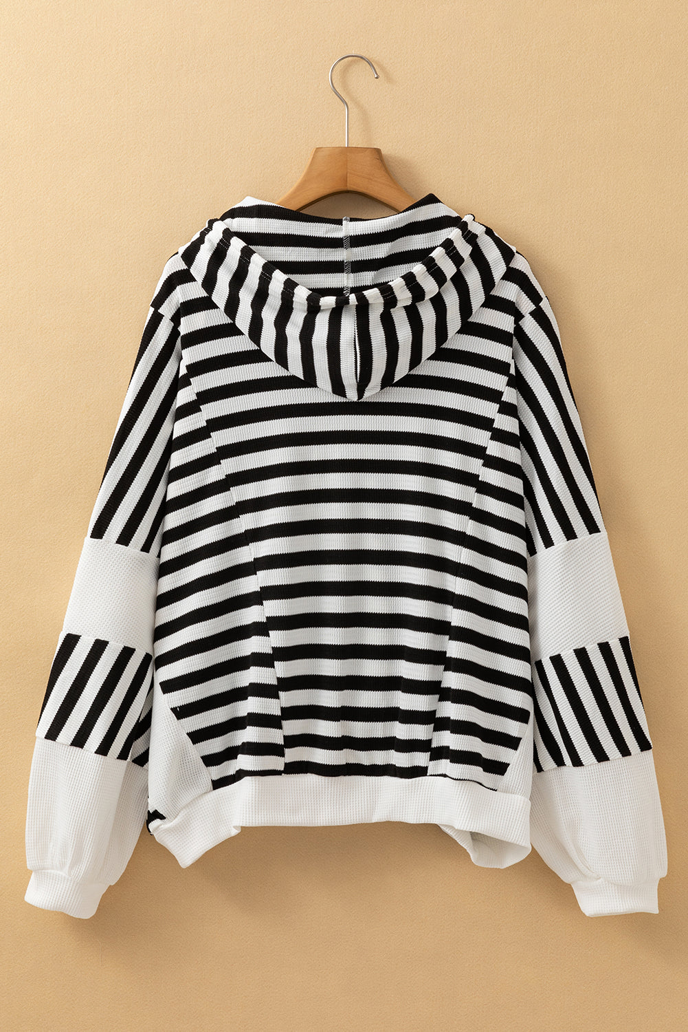 Blue Zone Planet | Black white Oversized Striped Henley Buttons Dolman Sleeve Hooded Top-Tops/Long Sleeve Tops-[Adult]-[Female]-2022 Online Blue Zone Planet